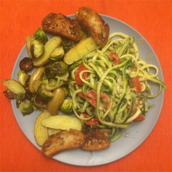 Zoodles and rosemary roasted Brussels sprouts and fingerling potatoes.